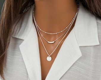 Sterling Silver Layered Necklace - 3 Layer Minimalist Jewelry, Round Charm Necklace, Curved Bar Necklace and Ball Bead Chain, Mix and Match