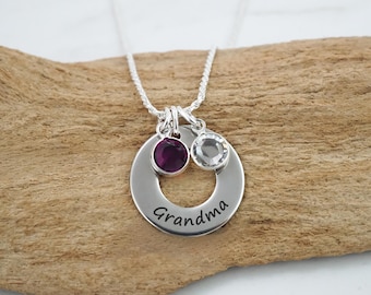 Personalized Grandma Necklace: Engraved Charm with 2 Birthstone Charms