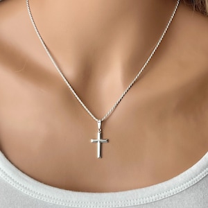 Sterling Silver Cross Necklace - Religious Jewelry - Simple Plain Silver Cross Pendant - 28mm - Women’s Cross Necklace