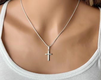 Sterling Silver Cross Necklace - Religious Jewelry - Simple Plain Silver Cross Pendant - 28mm - Women’s Cross Necklace