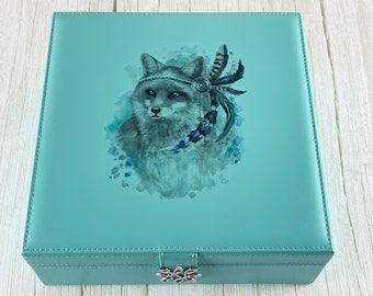 Watercolor Fox Jewelry Box Organizer for Women - Ring Box - Necklace Box - Women's Jewelry Organizer - Trinket Box - Turquoise Vegan Leather