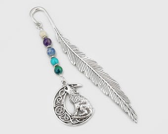 Wolf Bookmark: Antique Silver Howling Wolf with Mystical Crescent Moon Charm, Beaded Gifts