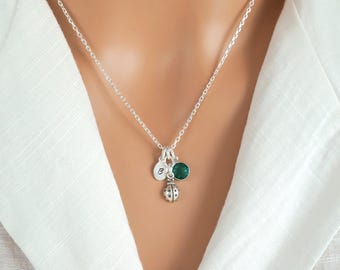 Ladybug Necklace: Tiny Sterling Silver Lady Bug Pendant, Personalized Initial and Birthstone Charm
