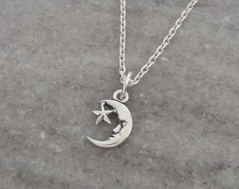 Sterling Silver Crescent Moon and Star Necklace: Celestial Jewelry