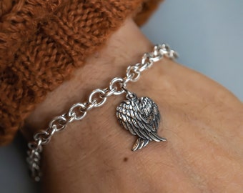 Angel Wings Bracelet - 925 Sterling Silver Angel Wings Charm Bracelet - Folded Wings Bracelet - Thick Chain Bracelet - Memorial Gift