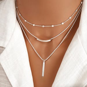 Sterling Silver Layered Necklace Stack - 3 Multi Layer Jewelry - Minimalist Satellite Chain, Vertical and Curved Bar Charm