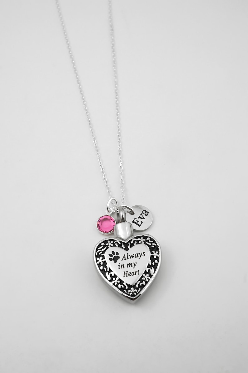 Dog Ashes Necklace: Stainless Steel Heart Pet Urn Pendant, Custom Name Charm image 2