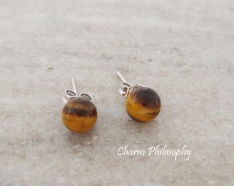 Tiger's Eye Ball Stud Earrings: 925 Sterling Silver, 6mm