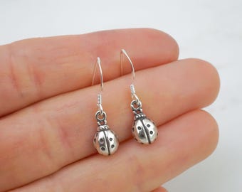 Small Ladybug Earrings - Minimalist Jewelry - Lady Bug Charm Earrings - 925 Sterling Silver Earrings - Simple Everyday Jewelry