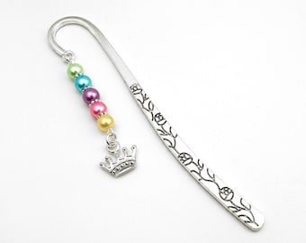 Silver Crown Bookmark: Beaded Royal Princess or Queen Charm Gifts for Readers