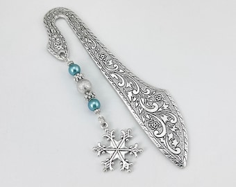 Snowflake Charm Bookmark - Winter Stationary - Tibetan Silver Metal Beaded Bookmark - Christmas Stocking Stuffers for Readers
