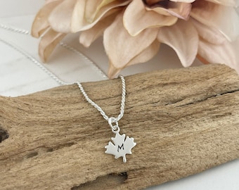 Personalized Maple Leaf Necklace - Maple Leaf Heart Charm with Handstamped Initial - 925 Sterling Silver Jewelry - Canada Necklace