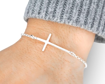 Silver Cross Bracelet - 925 Sterling Silver Bracelet - Rolo Chain - Dainty Religious Bracelet - Christian Bracelet - Christianity Jewelry