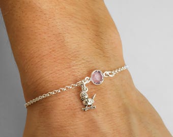 Sterling Silver Canary Bird Bracelet: Birthstone Charm, Rolo Chain
