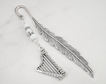 Harp Bookmark - Metal Beaded Bookmark Stationary - Harp Musical Instrument Beaded Bookmark - Harp Player Gift