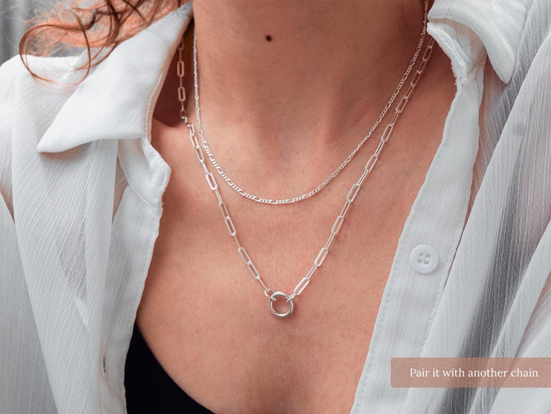 925 Sterling Silver Paperclip Chain Charm Holder Necklace - Hinge Clasp Charm Keeper Pendant image 2