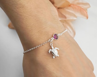 Sea Turtle Birthstone Bracelet or Anklet - Personalized Birthstone Bracelet - 925 Sterling Silver Rolo Chain - Dainty Minimalist Bracelet