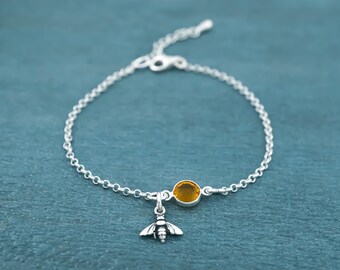 Bumblebee Bracelet or Anklet: Personalized Bee Birthstone Charm, Minimalist 925 Sterling Silver Jewelry