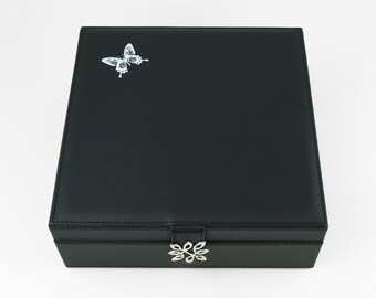Butterfly Jewelry Box - Black Vegan Leather Jewelry Box Organizer for Women and Girls - Black Jewelry Box with Mirror - 2 Tiers