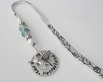 Teacher's Name Bookmark - Hummingbird Charm - Unique Bookmarks - Custom Personalized Teacher Gifts - Tibetan Silver Charm Bookmark