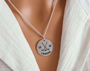 Personalized Ice Hockey Necklace | Custom Hockey Team Gifts, Name and Hockey Jersey Number Necklace, 925 Sterling Silver and Stainless Steel