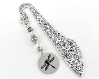 Dragonfly Bookmark - Laser Engraved Tibetan Silver Bookmark - Dragonfly Gifts - Engraved Dragonfly Silhouette Charm Bookmarks