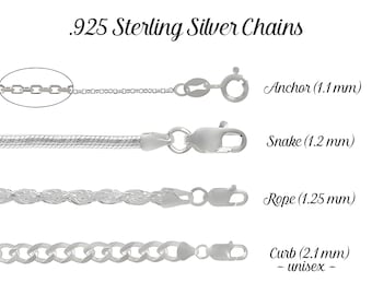 925 Sterling Silver Chain, Anchor, Rope, Snake and Curb Chains, 14, 16, 18, 20, 22, 24, 30 & 36 inches, Finished Chain, Womens + Mens Chains