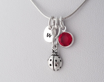 Sterling Silver Ladybug Necklace: Personalized Initial & Birthstone Charm