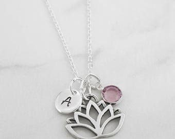 Lotus Flower Necklace, Spiritual Jewelry, Meditation Necklace, Yoga Necklace, 925 Sterling Silver Jewelry, Personalized Birthstone & Initial