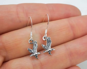 Tiny Eagle Earrings - Tiny Silver Hawk Charm Earrings - 925 Sterling Silver Jewelry - Lever Backs or Shepherd Hooks