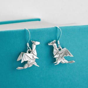 Origami Dragon Earrings - 925 Sterling Silver Dragon Jewelry - Paper Dragon Drop Earrings - Fantasy Earrings - Shepherd Hooks or Lever Backs