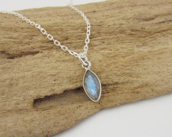 Small Labradorite Marquise Necklace - Faceted Labradorite Gemstone Charm - 925 Sterling Silver Necklace - Simple Gemstone Jewelry