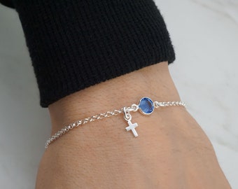 Tiny Cross Birthstone Bracelet or Anklet for Christians 925 Sterling Silver Rolo Chain Personalized Dainty Minimalist Bracelet with Cross