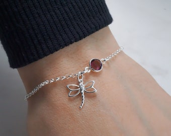 Dragonfly Bracelet or Anklet - Personalized Birthstone Bracelet, 925 Sterling Silver Rolo Chain, Dainty Minimalist Bracelet, Dragonfly Gifts