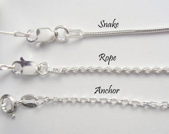 925 Sterling Silver Chain: Anchor, Rope, Snake - 14, 16, 18, 20, 22, 24, 30, 36 inches