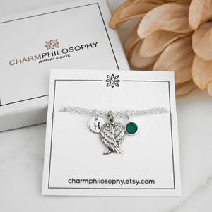 Angel Wings Bracelet: 925 Sterling Silver Double Rolo Chain, Handstamped Initial Charms image 6