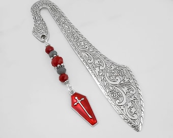 Red Coffin Bookmark - Affordable Gothic Gift Ideas - Creepy Gifts - Tibetan Silver Bookmark - Unique Bookmark - Undertaker Gifts