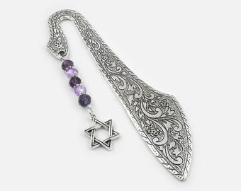 Jewish Star Bookmark: Silver Star of David Charm Beaded Metal Book Marker