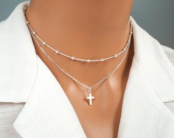 Sterling Silver Cross Necklace Layering Jewelry Bead Chain Ball Chain Necklace Small Minimalist Cross Charm Necklace Religious Jewelry