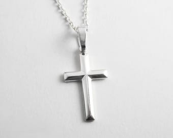 Sterling Silver Cross Necklace - Religious Jewelry - Simple Plain Silver Cross Pendant - 28mm - Unisex Jewelry - Men's Necklace
