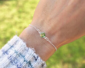 August Birthstone Bracelet or Anklet: Minimalist 925 Sterling Silver Jewelry, Peridot Preciosa Charm