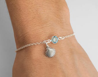 Sterling Silver Clam Shell Bracelet: Birthstone Charm, Summer Jewelry