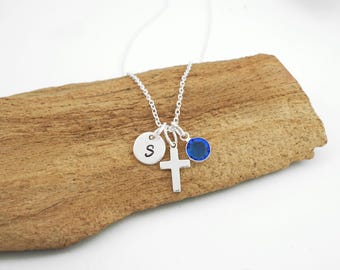 Christian Cross Necklace Personalized with Initial and Birthstone - Small Cross Charm Necklace - Dainty 925 Sterling Silver Crucifix Jewelry