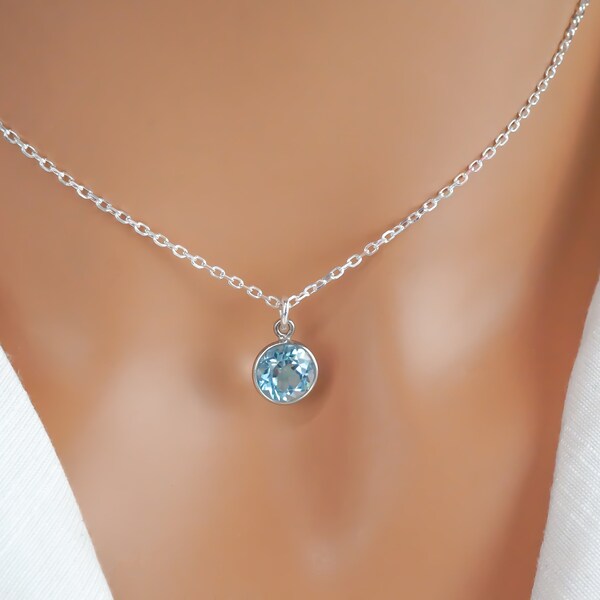 Blue Topaz Necklace - Round Gemstone Charm 9 mm - 925 Sterling Silver Jewelry - Rope, Snake, Curb, Anchor Chain - Faceted Blue Topaz Jewelry