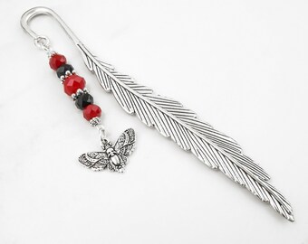 Deaths Head Moth Bookmark - Silver Moth Charm Bookmark - Beaded Metal Bookmark - Insect Gifts - Deathhead Hawkmoth Gifts