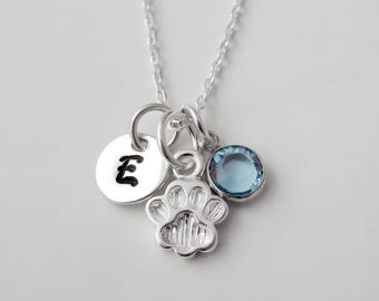 Dog Paw Necklace - Pet Memorial Jewelry - 925 Sterling Silver Jewelry - Personalized Birthstone and Initial - Dog Lover Gifts