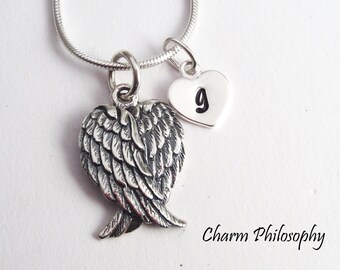 Angel Wings Necklace - 925 Sterling Silver - Folded Wings Pendant - Personalized Initial - Griever Necklace - Grief Jewelry
