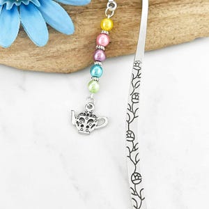 Teapot Bookmark, Alice in Wonderland Mad Hatter Gifts, Ornate Teapot Charm Bookmark, Silver Teacher Bookmark, Tea Stationary, Tea Gift Ideas image 2