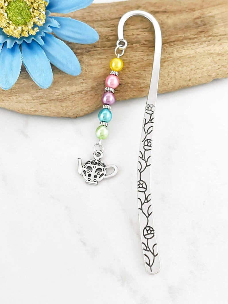 Teapot Bookmark, Alice in Wonderland Mad Hatter Gifts, Ornate Teapot Charm Bookmark, Silver Teacher Bookmark, Tea Stationary, Tea Gift Ideas image 2