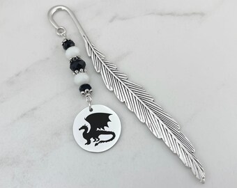 Dragon Bookmark - Metal Bookmark Dragon Gifts for Him or Her - Fantasy Bookmark - Beaded Silver Bookmark - Laser Engraved Dragon Stationary